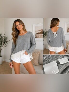 Anthro Zero Degrees Celsius Grey Lace Hem Sweater Bow Back Top M